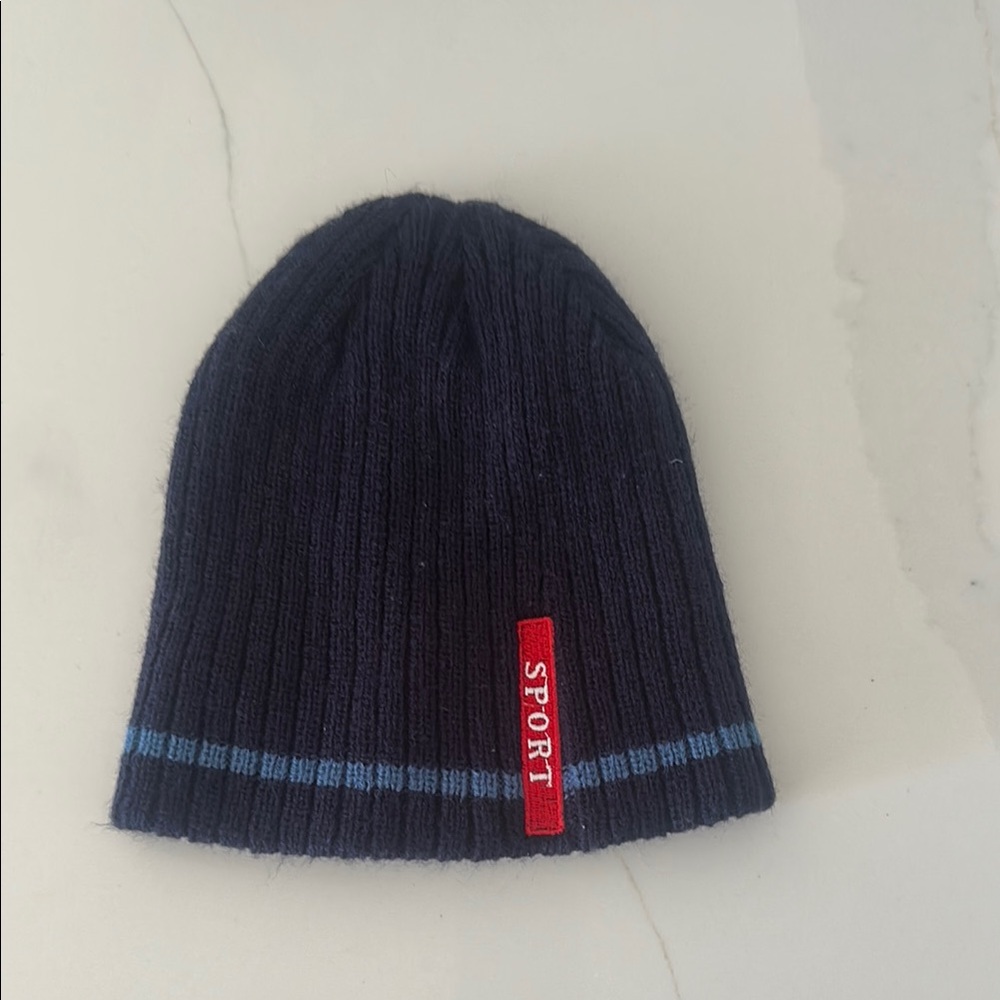 Navy boys Knit hat with Blue Stripe. SPORT emblem.